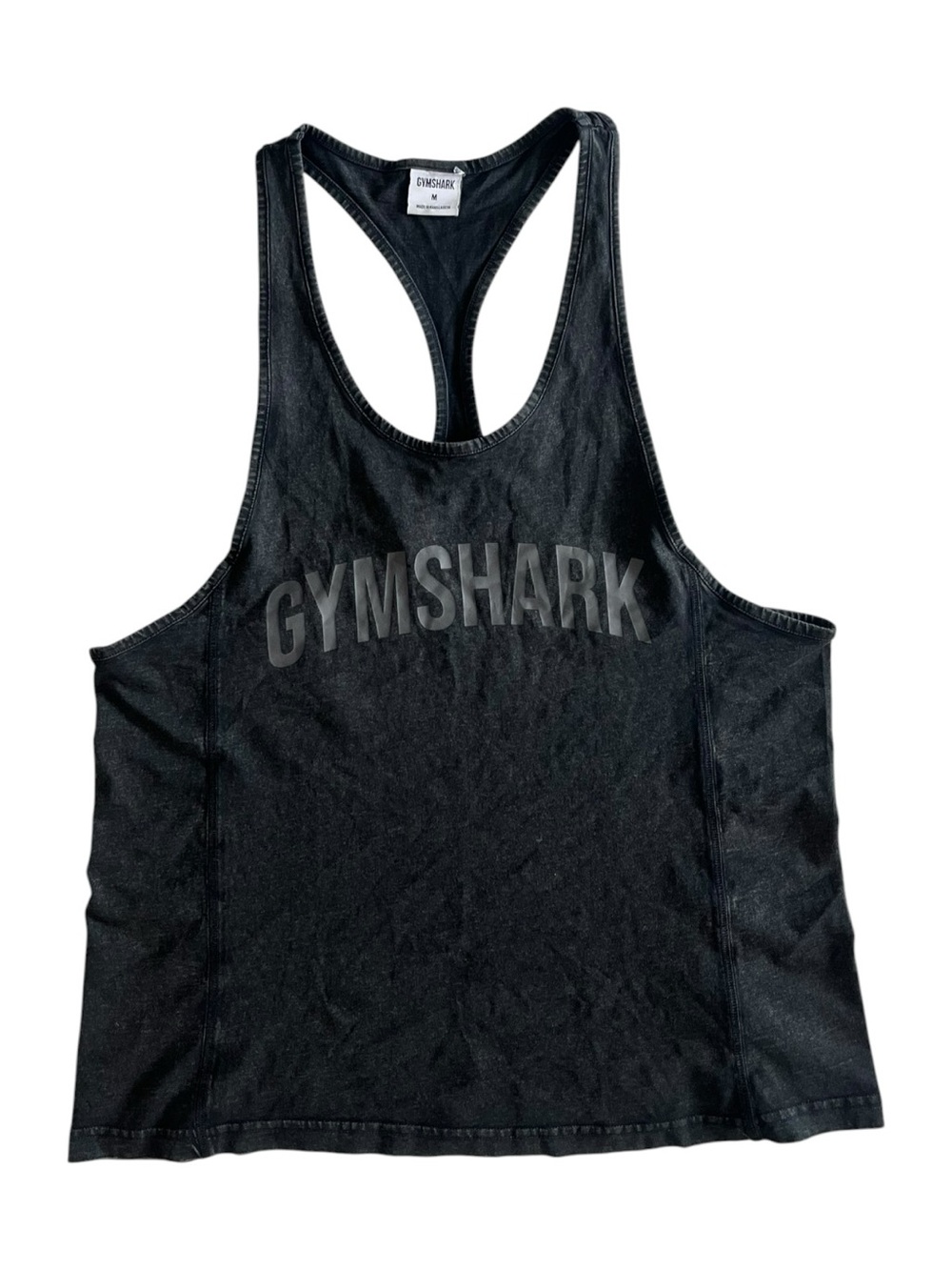Gymshark Tank Top Mens Medium Power Stringer Workout Acid Wash Black Sleeveless